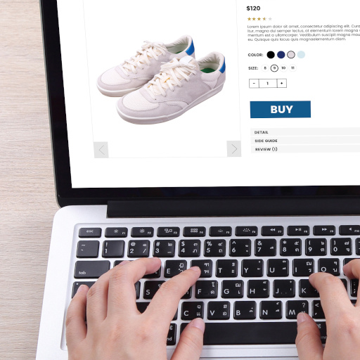 Top view business woman buying sneakers on ecommerce website