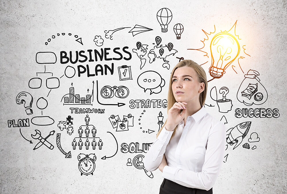 business woman thinking with ideas sketched on whiteboard behind her