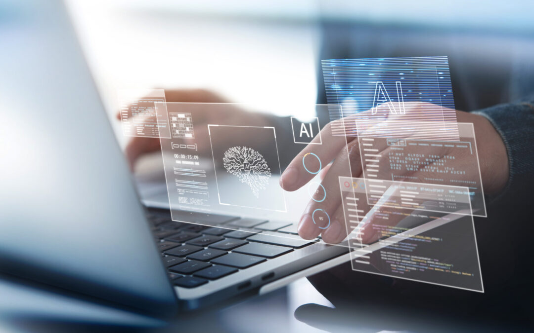 AI Artificial Intelligence. Business man using AI technology for data analysis, coding computer language with digital brain, machine learning on virtual screen, business intelligence