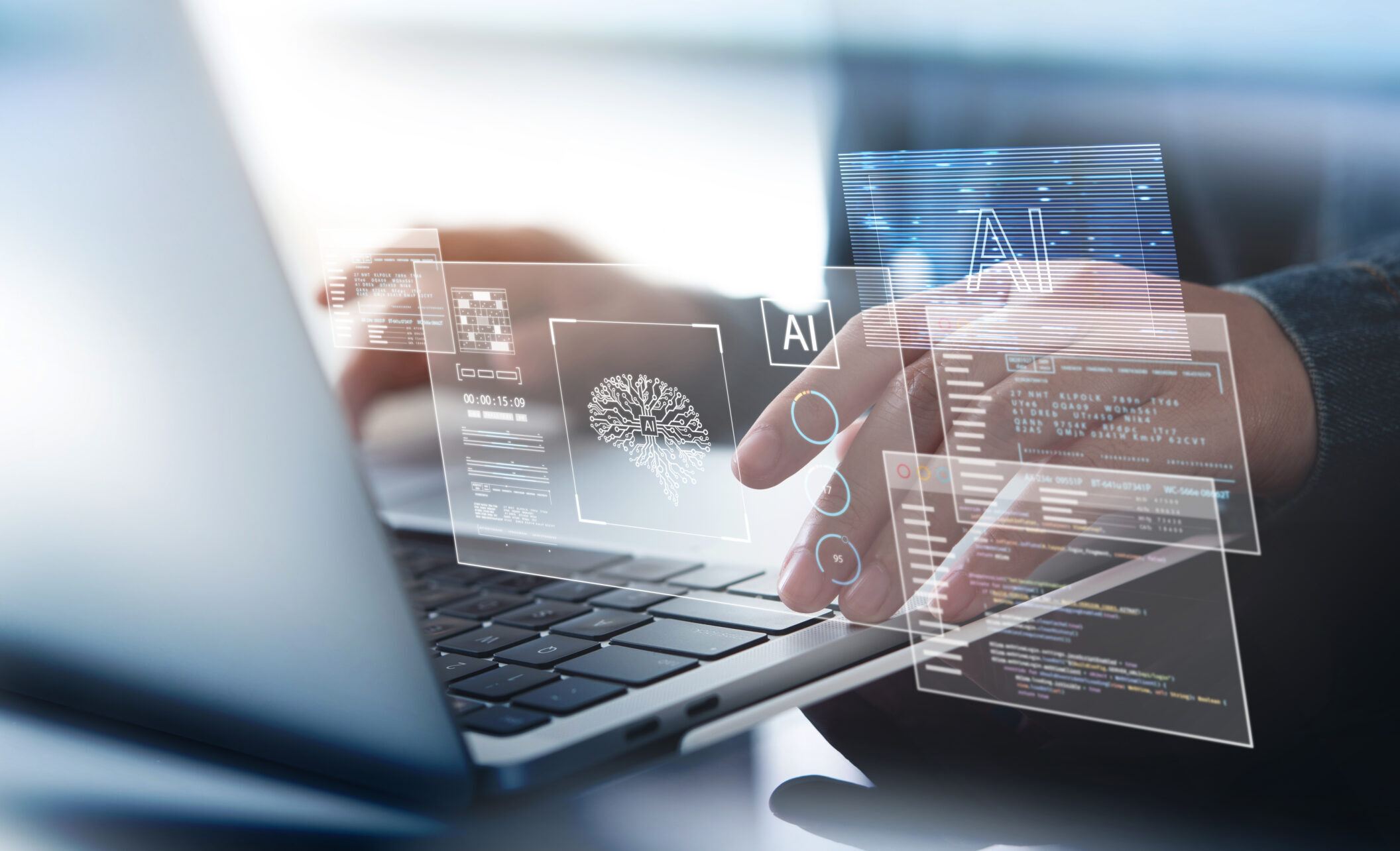 AI Artificial Intelligence. Business man using AI technology for data analysis, coding computer language with digital brain, machine learning on virtual screen, business intelligence